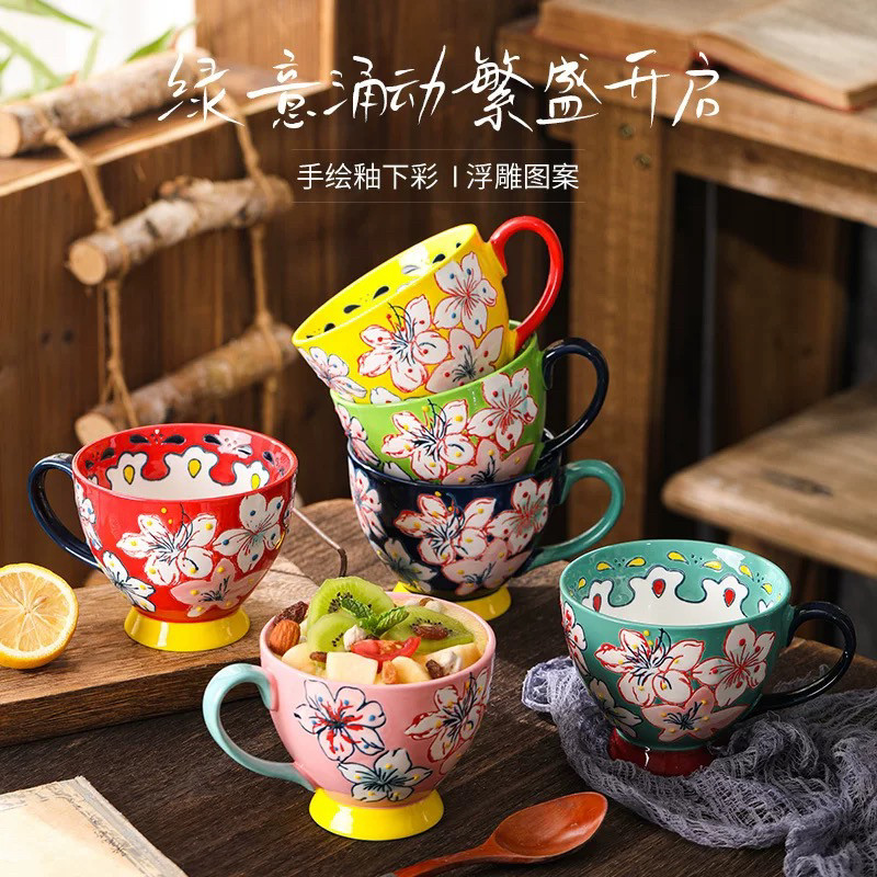 釉下彩手绘可微波炉烤箱加热陶瓷马克杯耐高温牛奶燕麦杯早餐杯