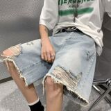 夏季做旧水洗破洞牛仔短款男痞帅休闲宽松五分裤-DK43-50，男装牛仔裤，电商D321A