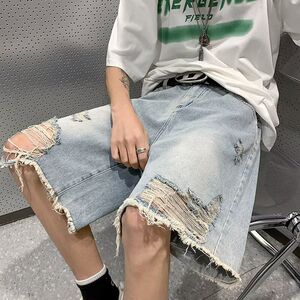 夏季做旧水洗破洞牛仔短款男痞帅休闲宽松五分裤-DK43-50图片