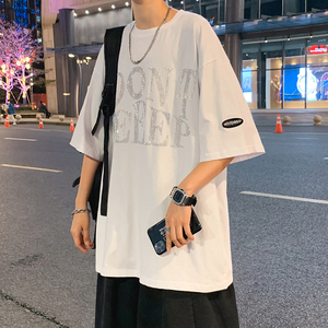 夏季短袖t恤男士港风宽松大码烫钻休闲潮流五分半袖T051 P25 控38图片