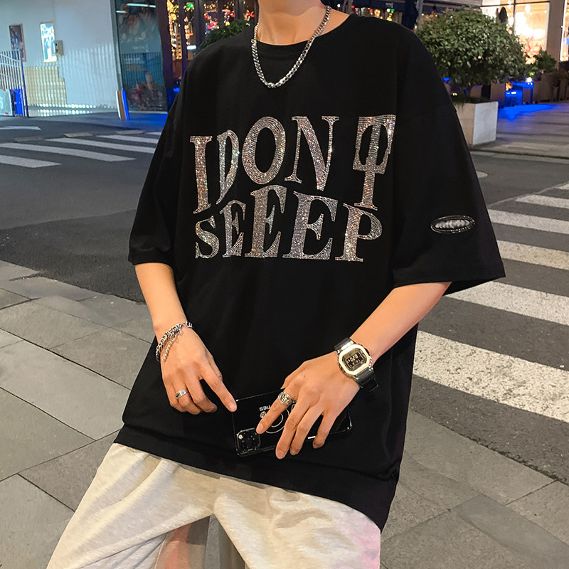 夏季短袖t恤男士港风宽松大码烫钻休闲潮流五分半袖T051P25控38，男装T恤，电商D321A