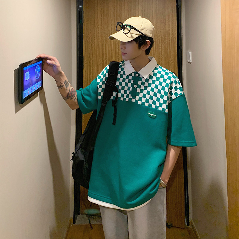 D321PL605P45男士棋盘格短袖polo衫男夏季宽松休闲翻领上衣,男装T恤,电商D321A
