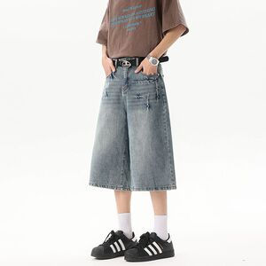 夏季闪电纹牛仔短裤男女款直筒宽松阔腿七分裤-D012-P50图片