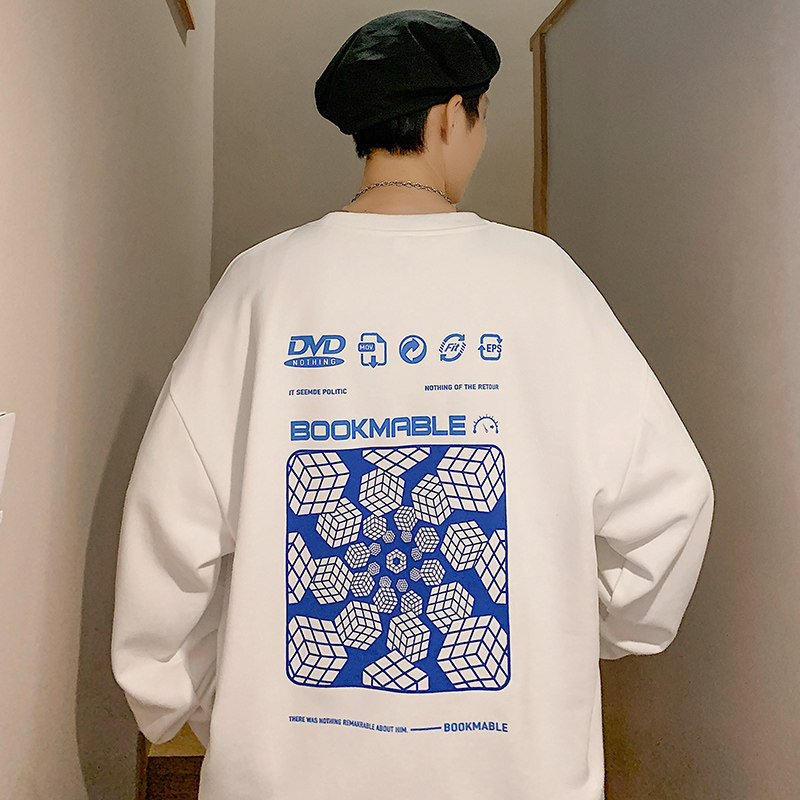 2022春秋港风圆领卫衣潮流图案青年上衣D32120279-P38白3,男装卫衣,电商D321A