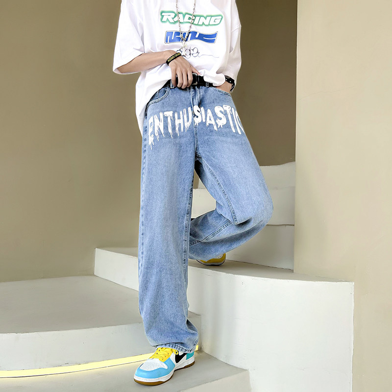高街印花牛仔裤男坠感春夏季宽松直筒百搭拖地裤D321NK72P55,男装牛仔裤,电商D321A