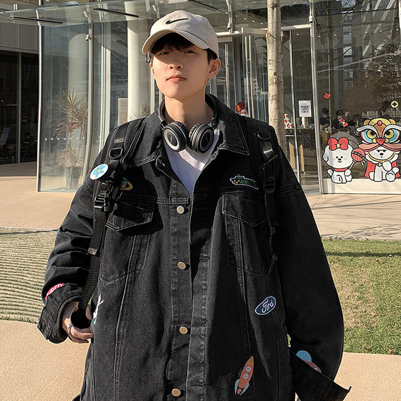 D321H113秋季潮牌刺绣牛仔外套宽松单排扣翻领夹克男,男装夹克,电商D321A