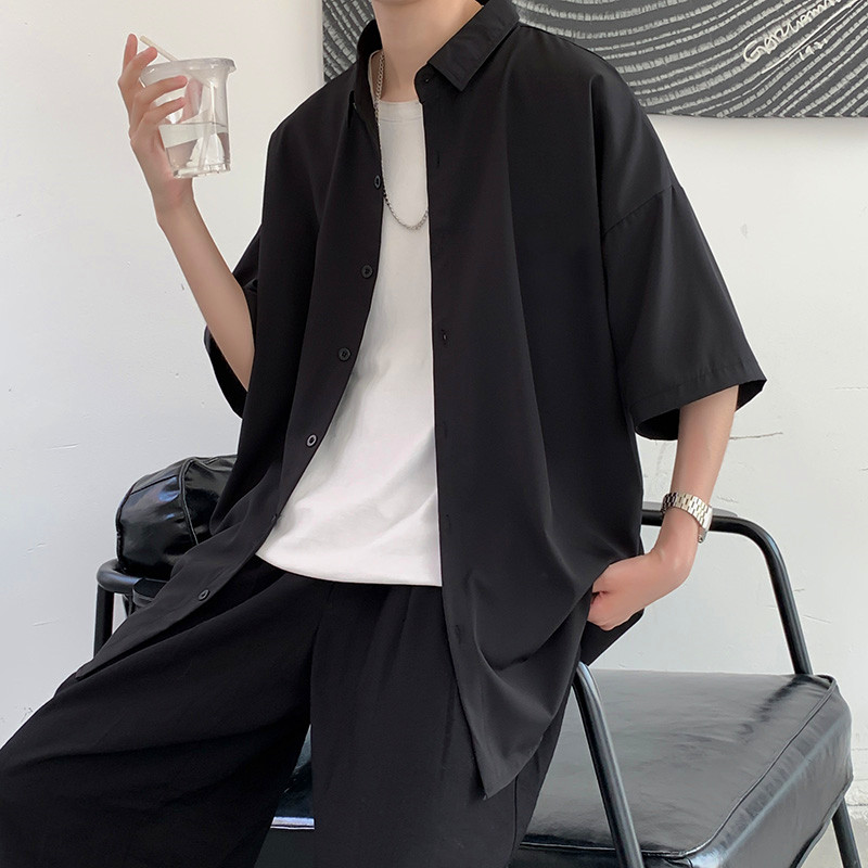 D321C05P30夏季冰丝衬衫男短袖港风痞帅衬衣外套,男装衬衫,电商D321A
