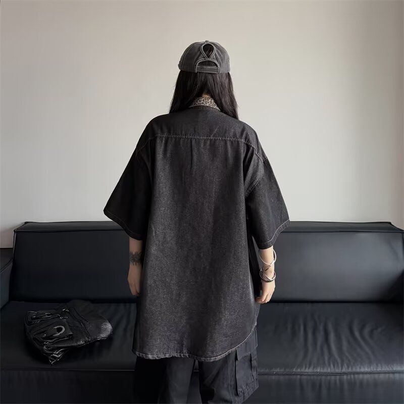 短袖牛仔衬衫小众设计美式豹纹拼接牛仔短袖T1275-P58,男装衬衫,电商D321
