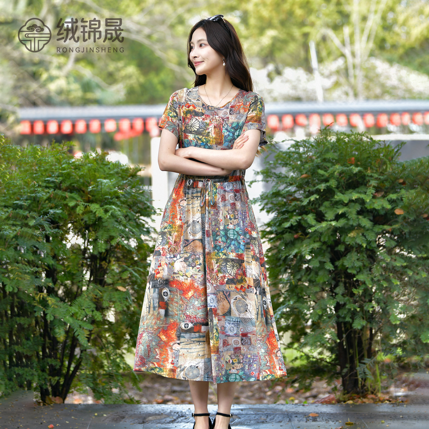 气质碎花棉绸连衣裙女图片