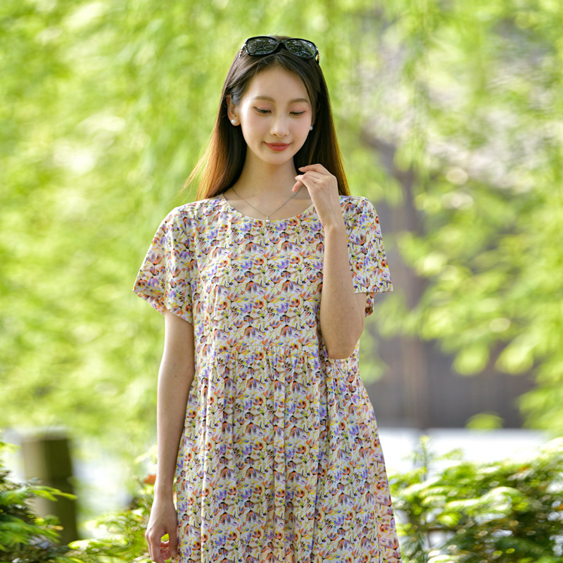 绒锦晟棉绸长款印花连衣裙图片