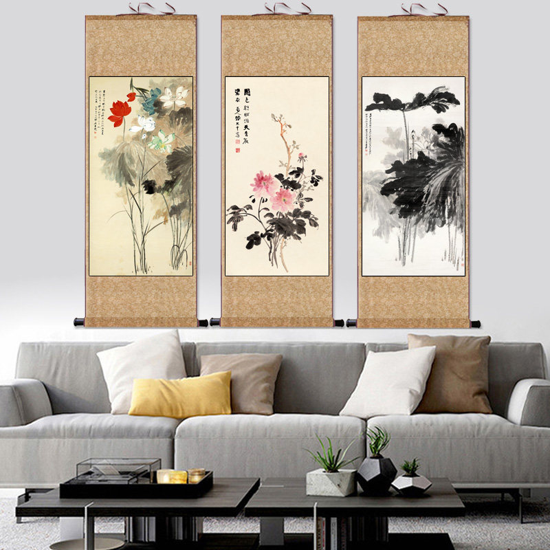 花卉牡丹国画张大千花鸟山水壁画丝绸卷轴画招财客厅挂画风水字画