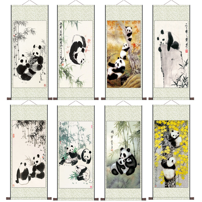 枫叶熊猫吉祥动物挂画生肖办公室条幅装饰画送礼卷轴花鸟画玄关画