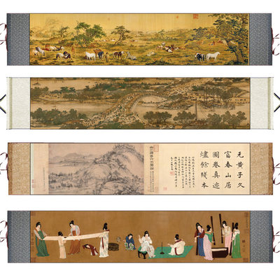 仿古山水花鸟挂画茶楼卷轴画十大传世名画千里江山清郎世宁百骏图