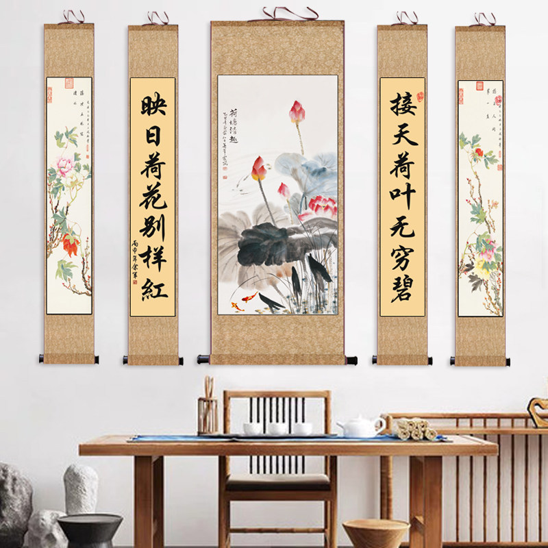 仿古中堂挂画玄关吉祥动物挂画生肖卷轴画丝绸卷轴定制水墨荷花画