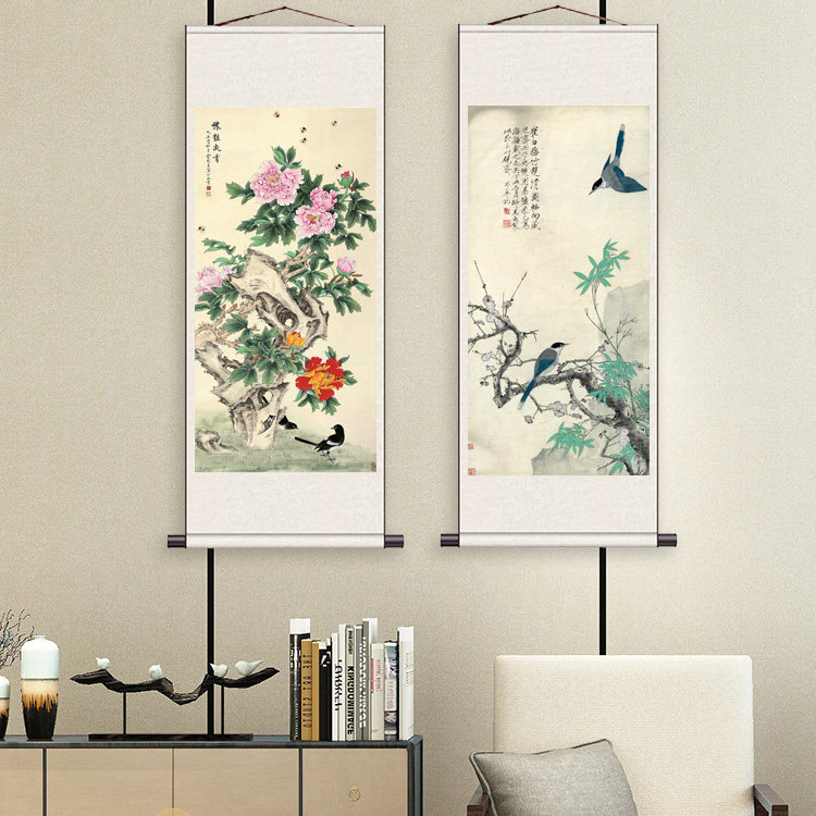金鸡报晓名家花鸟画丝绸卷轴挂画玄关风水画荷花国画图吉祥挂画