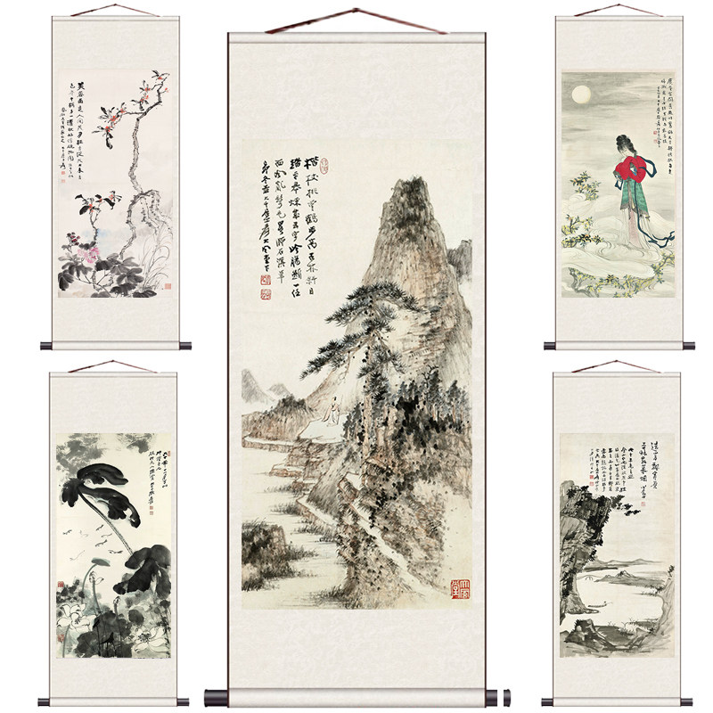 张大千五色荷花国画花鸟画丝绸卷轴画风水人物山水字画定制书法画
