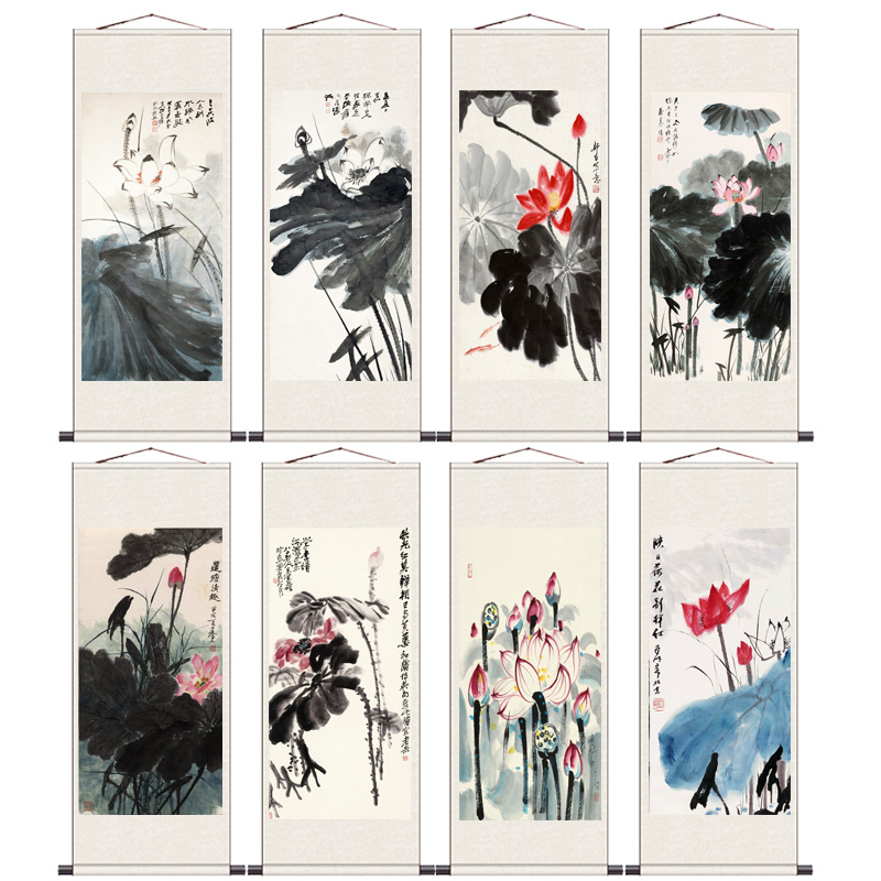 清雅荷花水墨红荷图国画客厅装饰画丝绸挂画卷轴画宣纸挂画已装裱