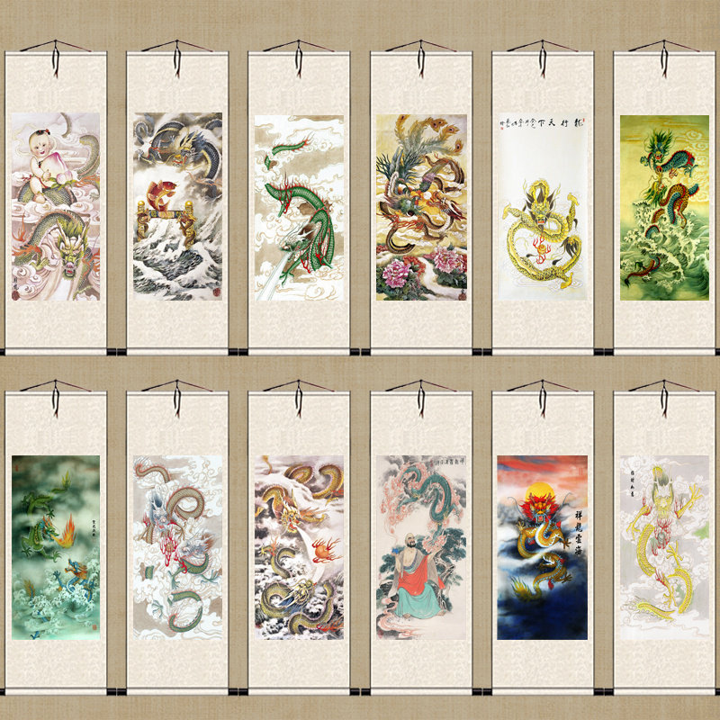风水挂画招财龙挂画双龙戏珠丝绸卷轴画青龙玄关酒店壁画福娃朝龙图片