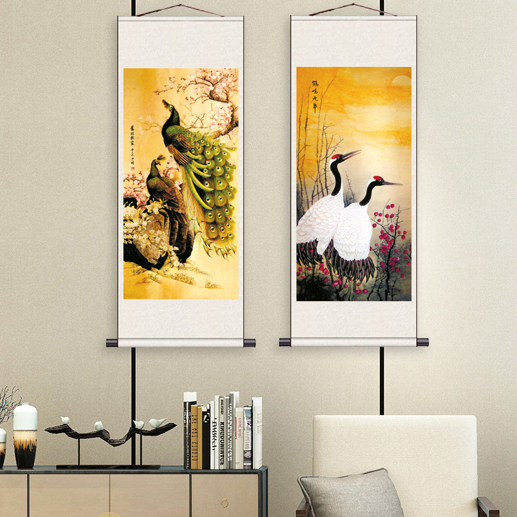 清明上河图梅花招财山水花鸟国画茶楼装饰画丝绸挂画卷轴熊猫九鱼