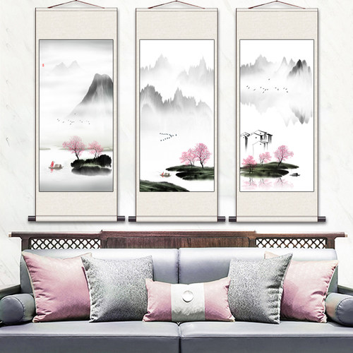 禅意山水挂画中式卷轴挂画书法丝绸画酒店壁画办公室茶楼挂画已裱