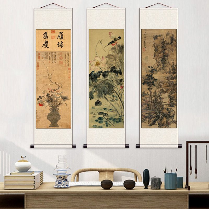 荷塘翠鸟条幅仿古字画唐寅山水画名家花鸟挂画玄关壁画教室办公室