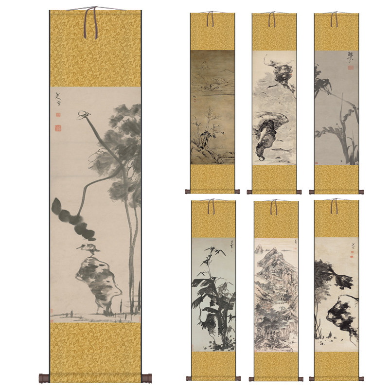 临兰亭序素雅花鸟画山水字画八大山人仿古卷轴画丝绸挂画无边挂画