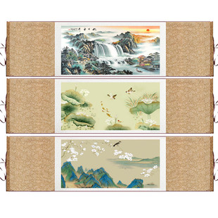 荷塘清趣横幅花鸟画挂画卷轴画玄关壁画定制旭日东升禅意山水挂画