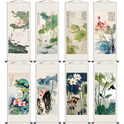 花鸟画绿意荷花国画红荷挂画丝绸卷轴画荷塘清趣风水装饰画玄关画