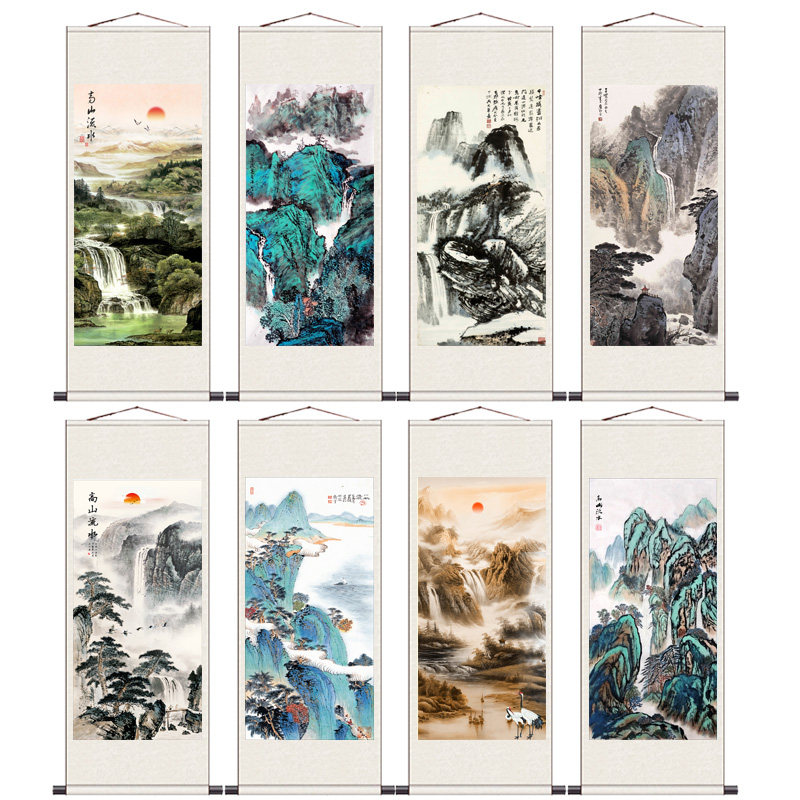 聚宝盆竖版卷轴画风景字画高山流水一帆风顺招财玄关风水丝绸礼品