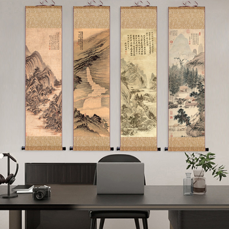 明 沈周 春云叠嶂明代名家字画仿古丝绸画办公室山水花鸟挂画国画