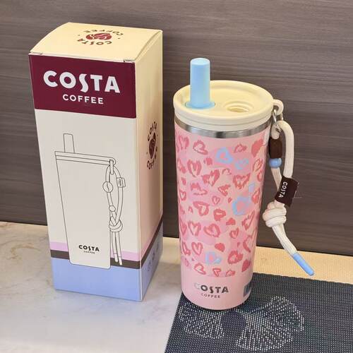COSTA抱豹杯粉蓝豹纹保温杯女680ml 316不锈钢内胆大口径吸管杯