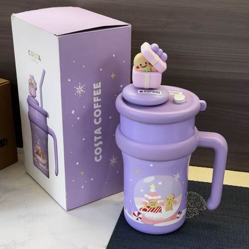 COSTA梦幻雪夜保温杯900ml姜饼人吸管杯316不锈钢带茶仓圣诞限定