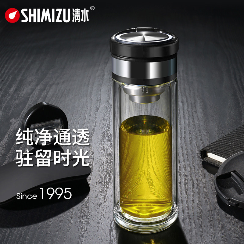 清水双层透明玻璃杯男便携带提环过滤学生家用泡茶水杯大容量创意