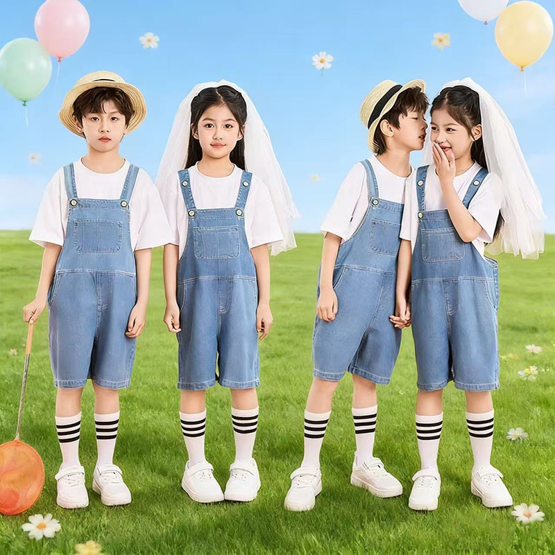 六一男童女童牛仔背带短裤套装夏季幼儿园毕业版儿童合唱服演出服图片