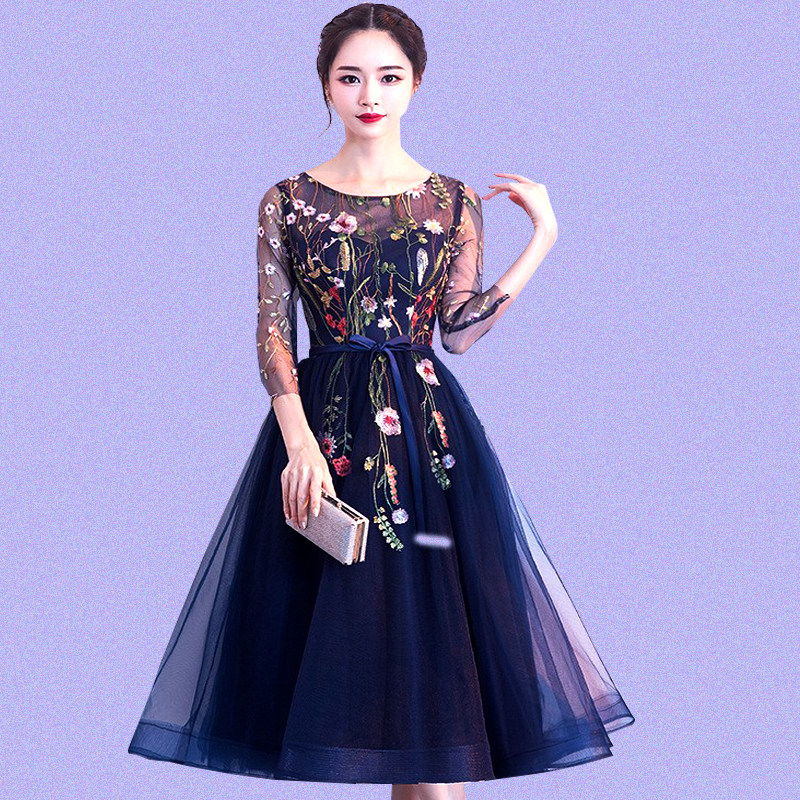 真品连衣裙气质宴会晚礼服女主持夏季休闲中长款高腰显瘦刺绣裙子