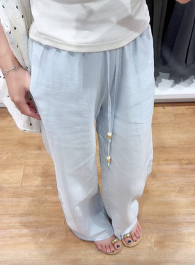 现货/少女蓝色木珠抽绳宽松简约休闲裤百搭慵懒垂感阔腿显瘦长裤