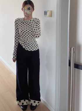 现货/ 少女波点直筒牛仔裤休闲长裤子小众阔腿裤个性洋气复古百搭