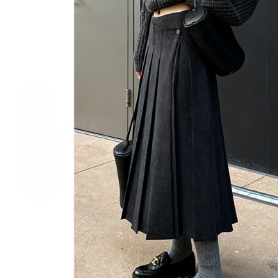 现货/灰色一片式西装半身裙女春秋冬高腰A字伞裙日系学院风百褶裙