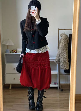 现货/复古红色灯芯绒半身裙少女秋冬新款高腰显瘦a字裙中长款裙子