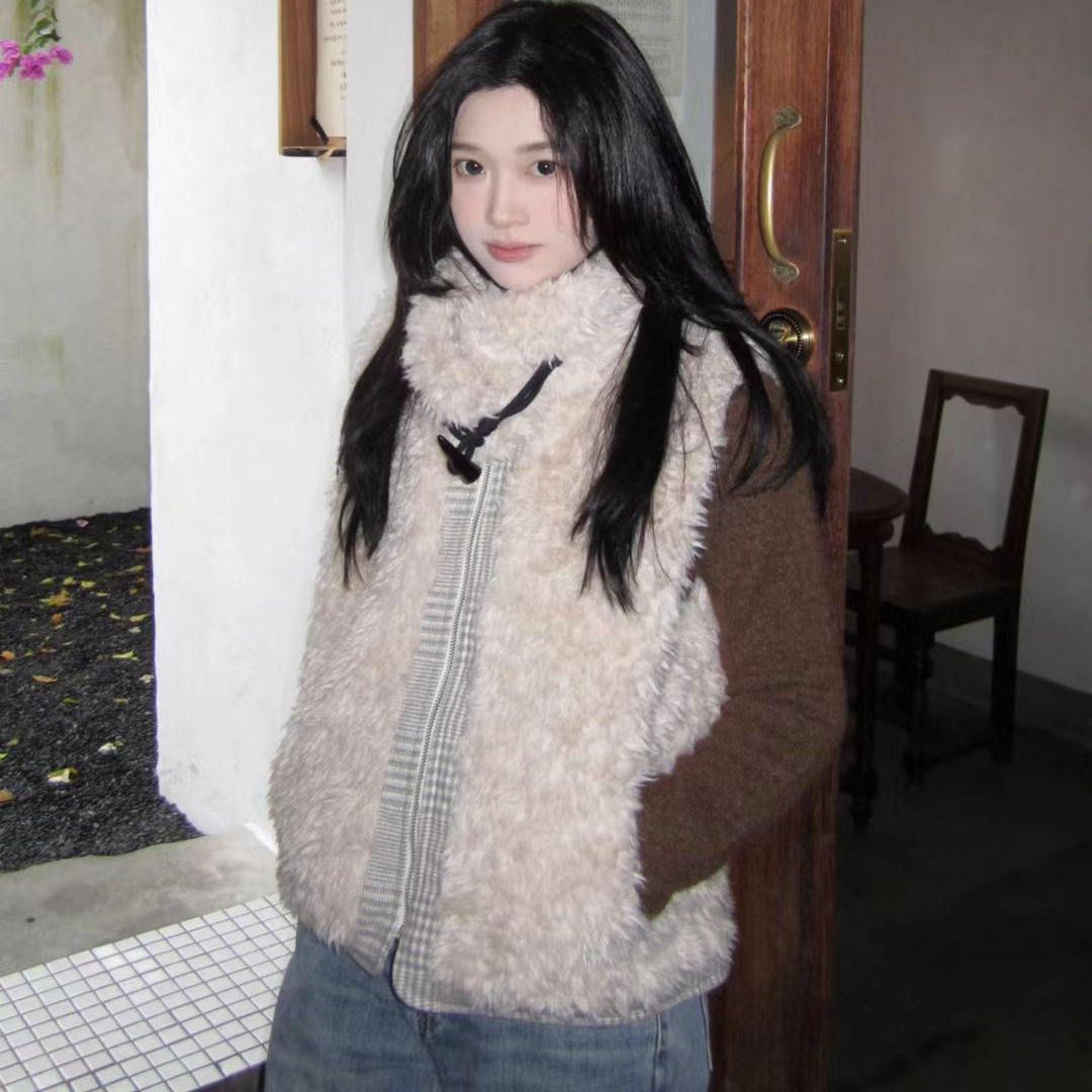 现货/双面穿毛绒马甲背心秋冬复古千鸟格保暖外套设计感宽松叠穿