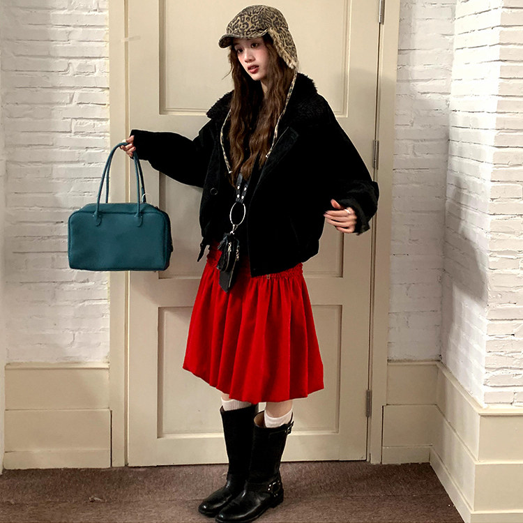 现货两色丝绒中长裙气质抽褶花苞半身裙少女百搭复古小众洋气裙子