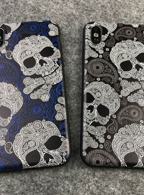 适用于苹果8plus骷髅头超薄浮雕硅胶手机壳 6splus/7灰黑色保护壳