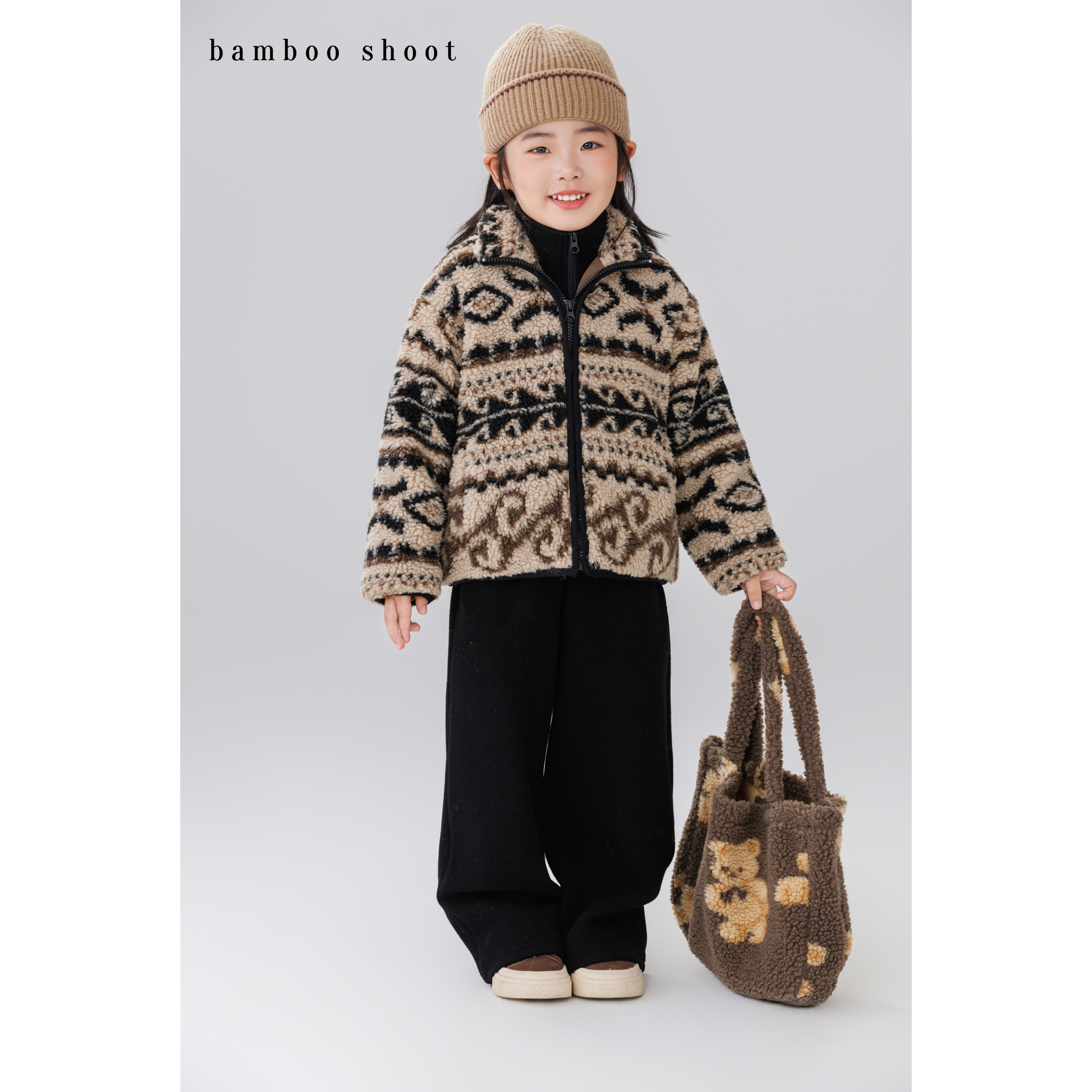 bamboo shoot冬日松弛复古费尔岛花纹羊羔毛外套童装内里摇粒绒