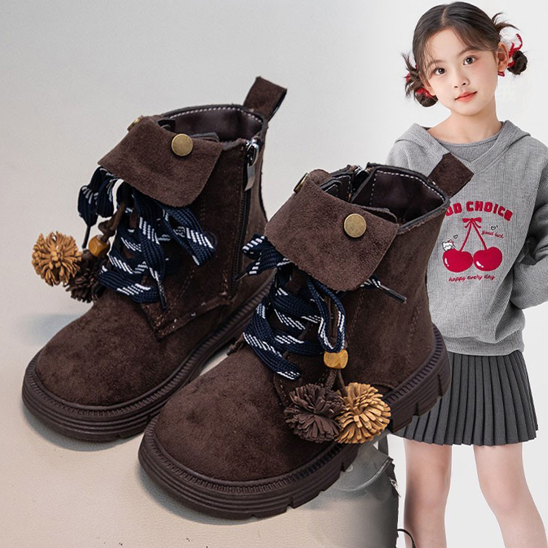 女童2025秋冬时尚百搭民族风皮革面可爱加绒保暖雪地靴棉鞋短靴子