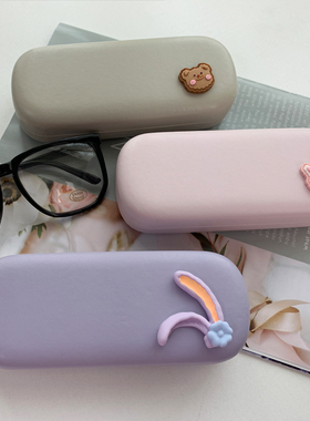 可爱抗压近视框架眼镜盒紫色皮质卡通男女生便携大框眼镜收纳盒