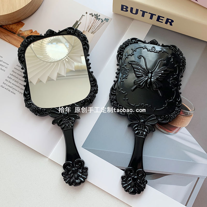 欧式复古花纹手柄镜黑色系方形中号蝴蝶款手持高清化妆镜补妆镜