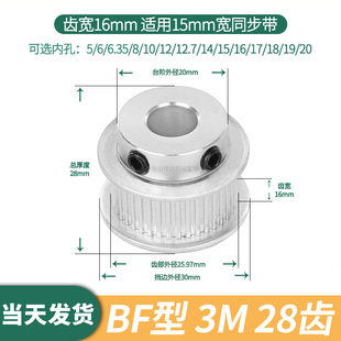 6.35 14伺服电机同步带轮 同步轮3M28齿宽16内孔5 12.7