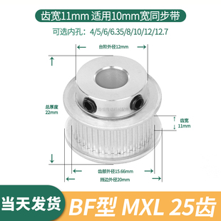 1225MXL伺服电机同步带轮 6.35 同步轮MXL25齿宽11内孔4