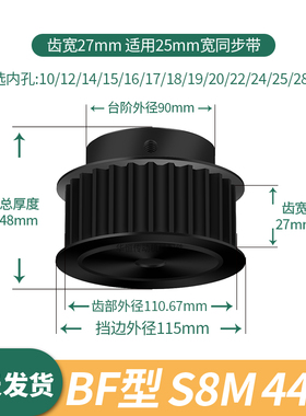 同步轮S8M44齿钢发黑齿宽27内孔127141516171928伺服电机同步带轮