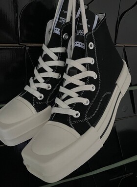 2024复古帆布鞋 前翘头平底板鞋 联名款高帮黑白色情侣款方头鞋